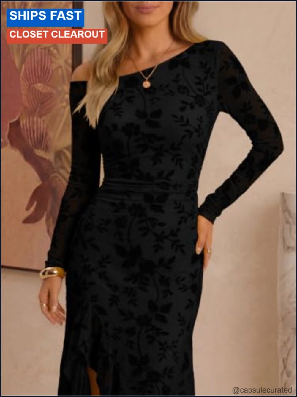 Off Shoulder Bodycon Maxi Dress Ruched One Shoulder Ruffle Hem Formal - Picture 5 of 6